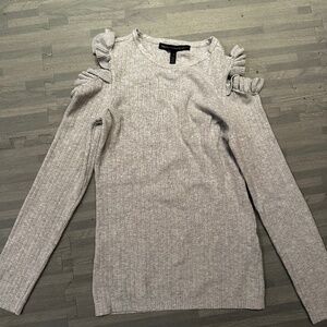 White House Black Market Gray Ribbed Long Sleeve Sweater with Open Shoulder